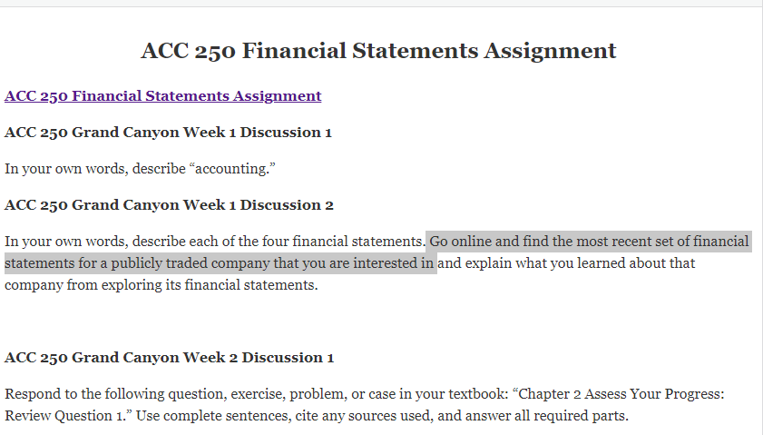 ACC 250 Financial Statements Assignment