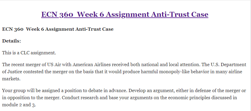 ECN 360  Week 6 Assignment Anti-Trust Case