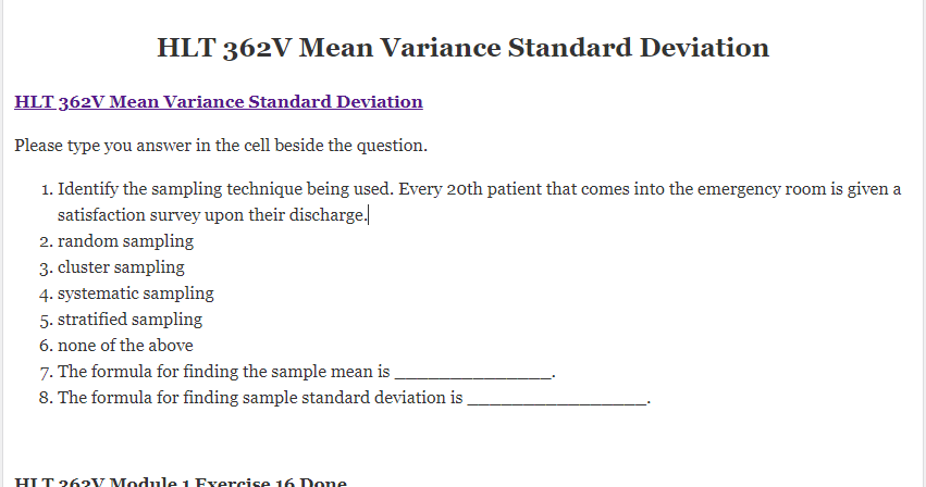 HLT 362V Mean Variance Standard Deviation