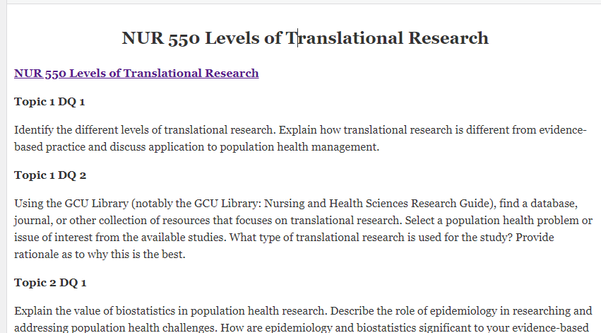 NUR 550 Levels of Translational Research
